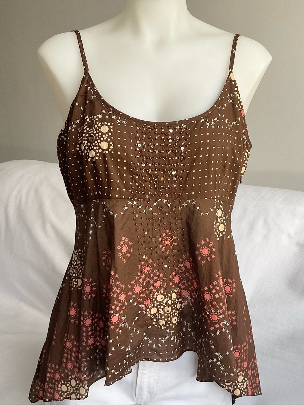 City DKNY | Y2K Beaded Cotton Cami Brown Geometric Print | 12P